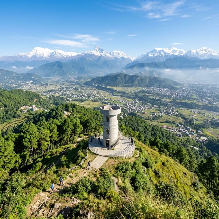 View tower on the Dahachowk ridge looking out over farmland and hills
