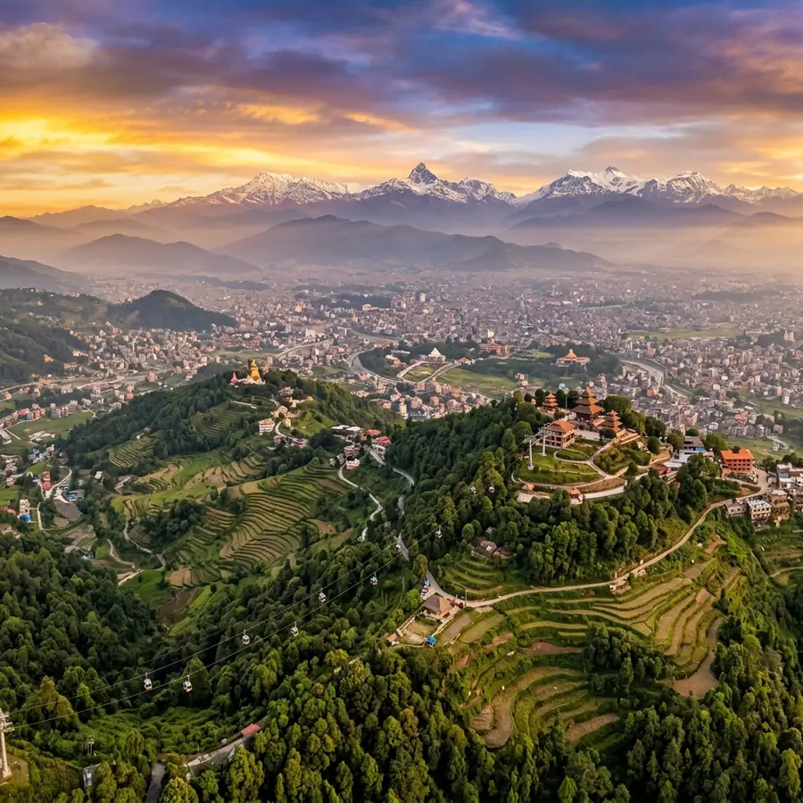The Chandragiri ridge above Thankot, looking north across the Kathmandu Valley at dusk