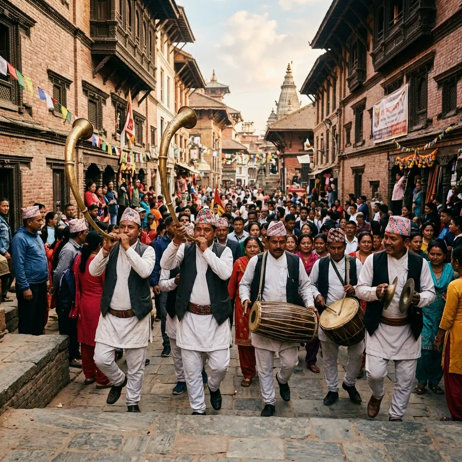Musicians playing the panche baja ensemble during the Thankot jatra