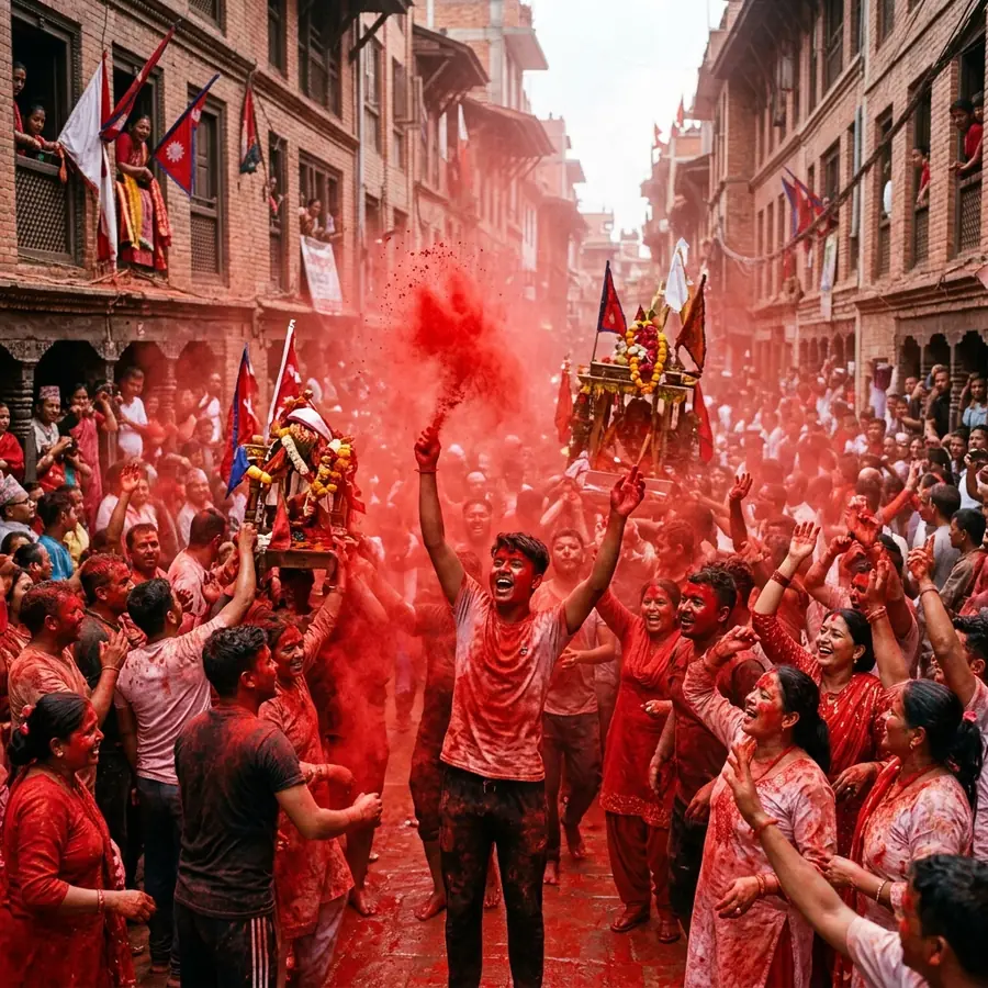 Vermilion thrown over the crowd during the Thankot Sindur Jatra
