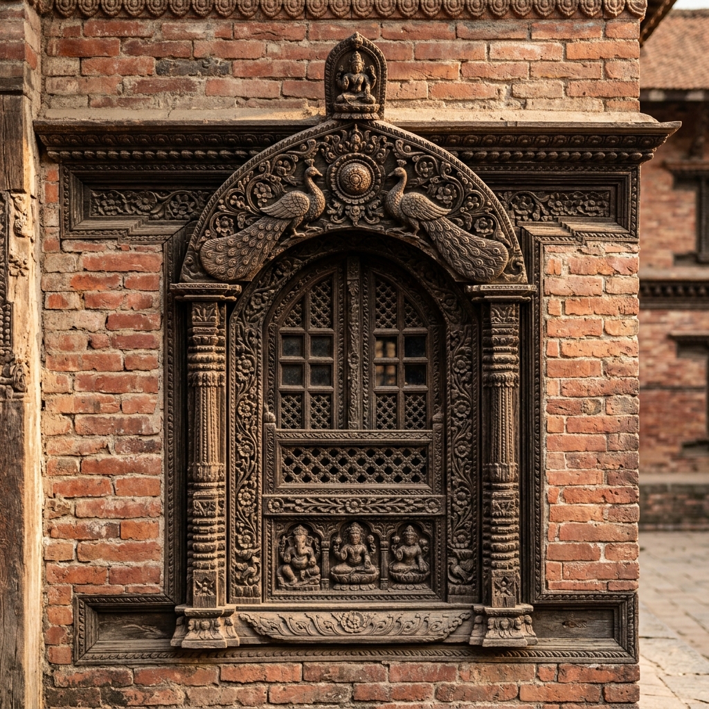 Intricate traditional Newari wood carvings on temple windows.