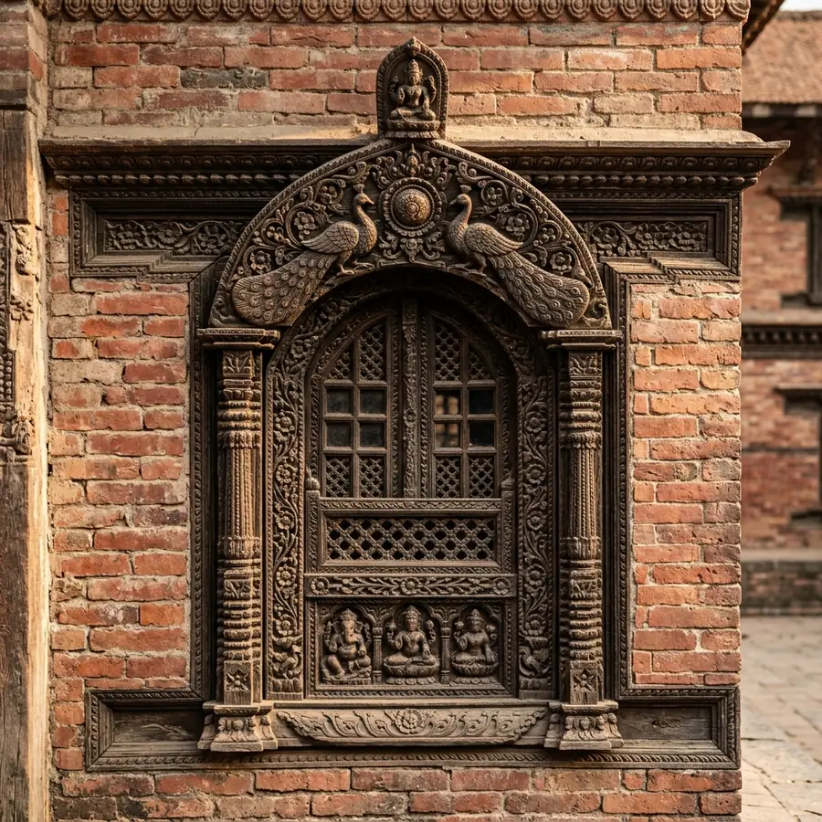 Carved wooden window lattice on a temple building in Thankot