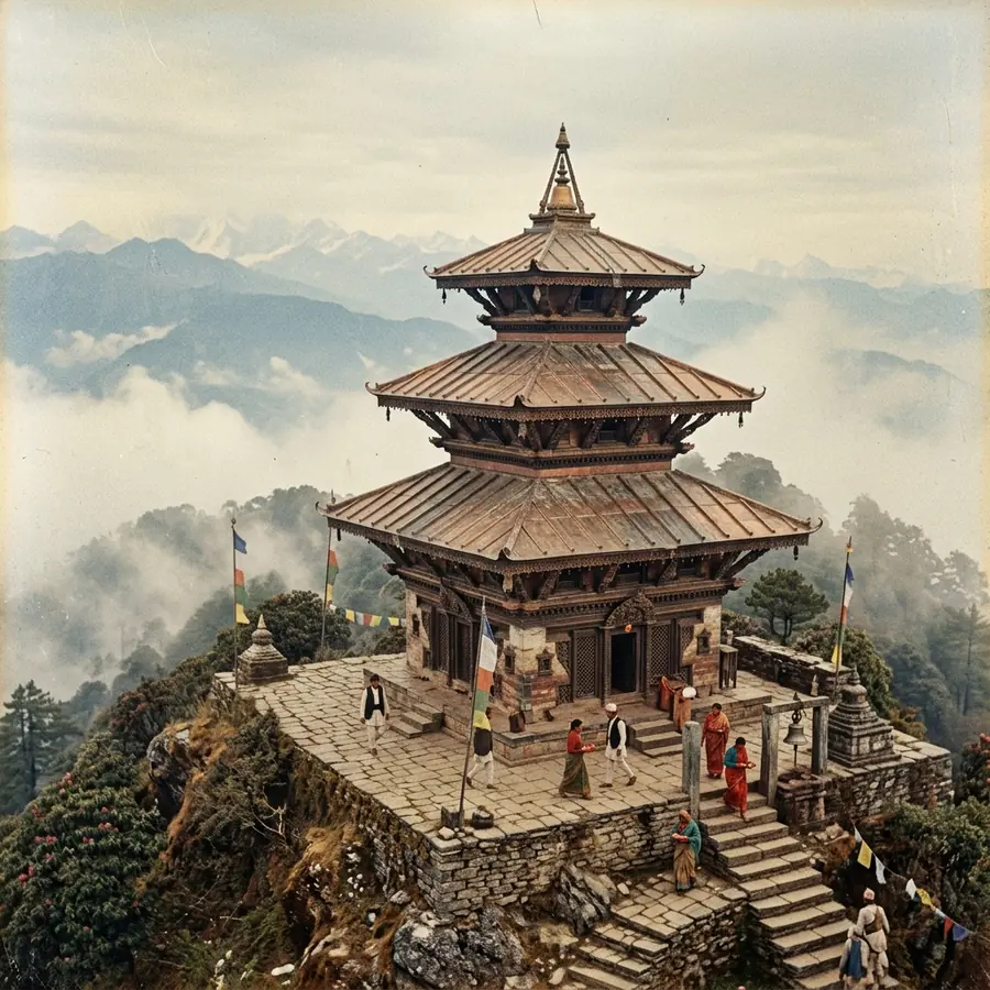 Pilgrims gathered in the courtyard of the Bhaleshwor Mahadev temple