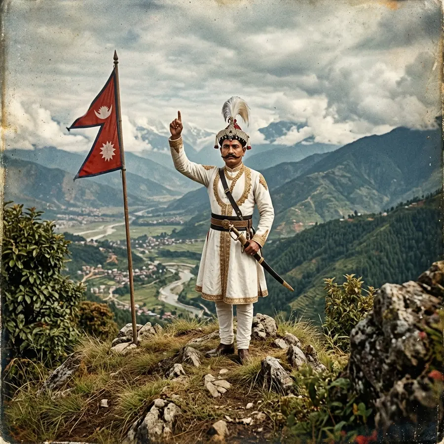 Prithvi Narayan Shah looking out over the Kathmandu Valley from the Chandragiri ridge