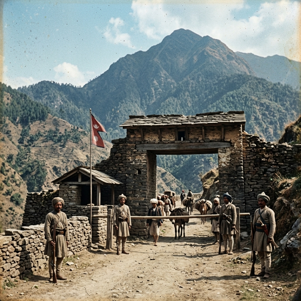 The Thankot blockade checkpoint and stone gate during the unification campaign.
